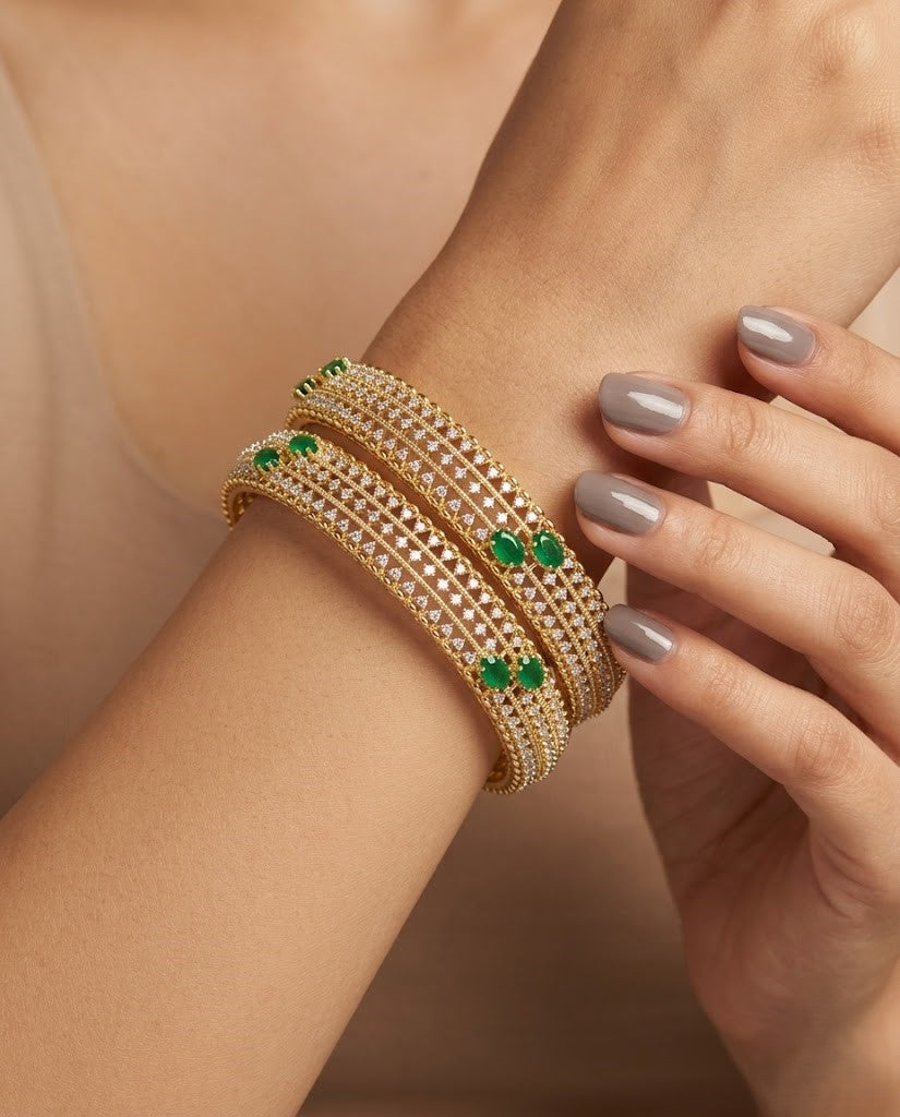 Gold AD Stone Bangles Set with Red & Green Variants | 2.4, 2.6, 2.8 Sizes