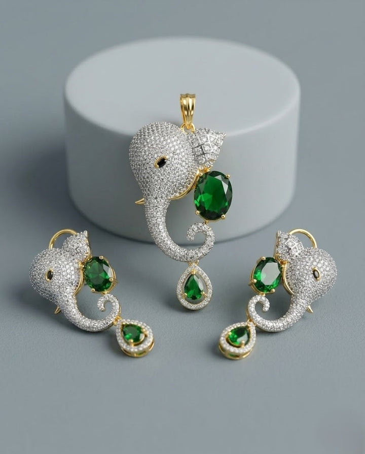 Gajraaj Emerald Elephant Designer Pendant Set