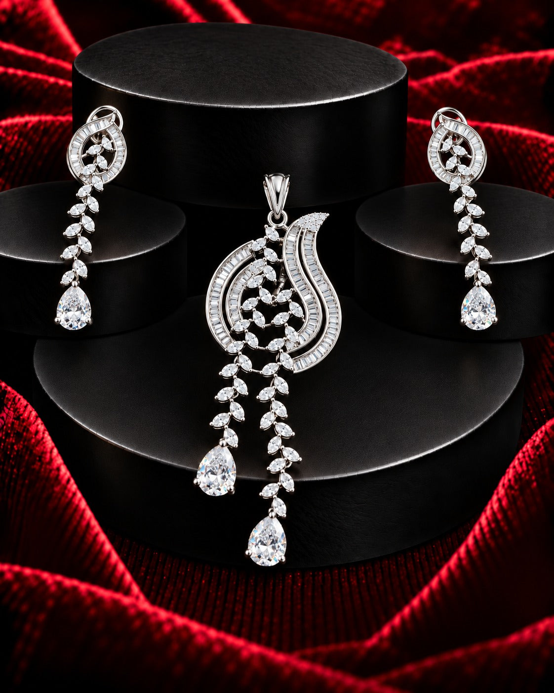 Premium White Crystal Drop Pendant Set in Silver Tone