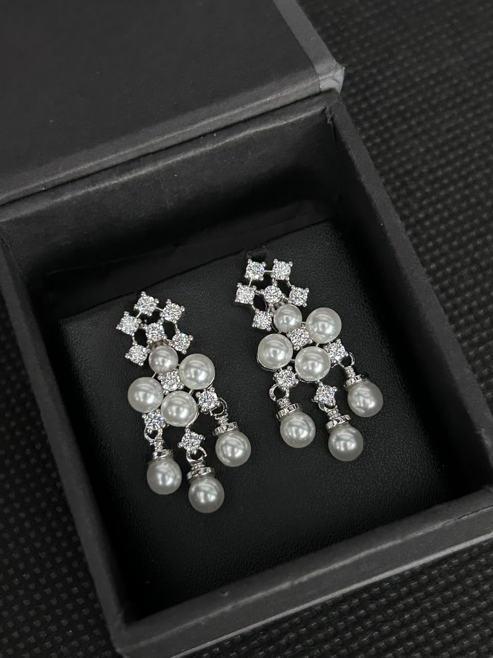 Pearl Cascade Diamond-Look Drop Earrings – Gold & Silver