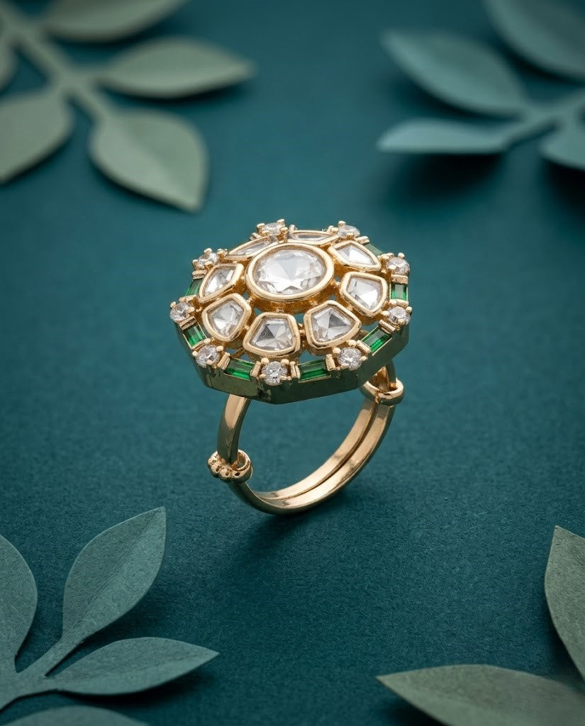 Meherza Kundan Ring for Women Gold Tone Adjustable Floral Statement Ring