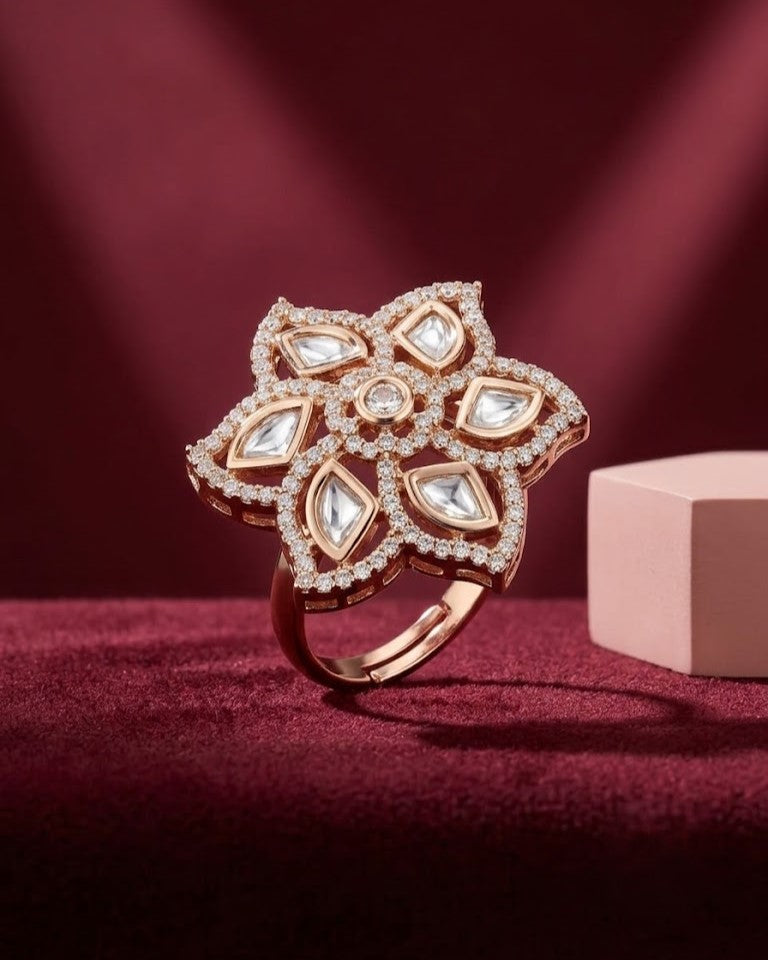 Kumudini Ruby Kundan Ring for Women | Floral Adjustable Statement Ring
