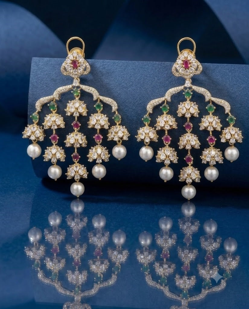 Rangriti Pearl Jhumki Chandbali AD Earrings