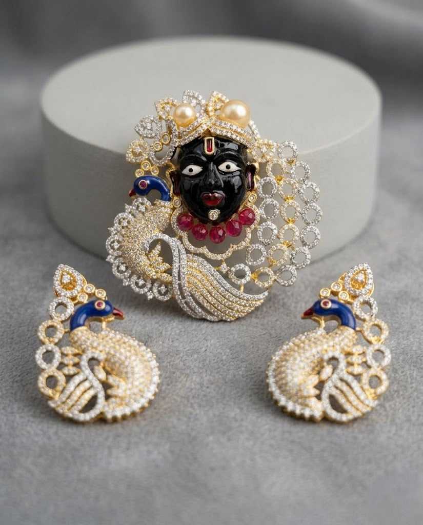 Shyaam Mayur AD Pendant Set with Earrings Gold Tone Peacock Designer Jewellery