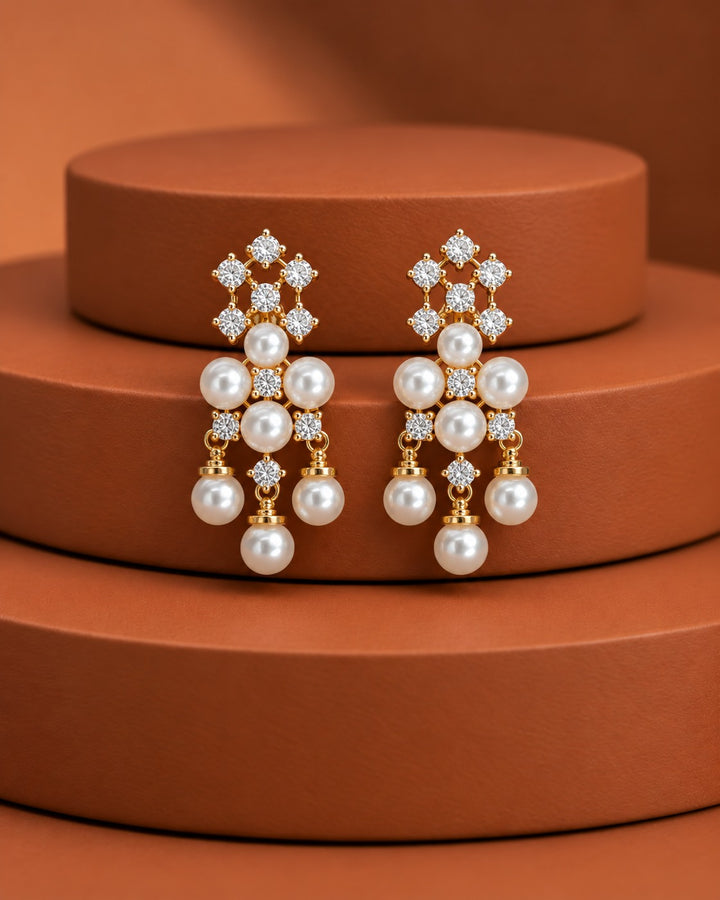 Pearl Cascade Diamond-Look Drop Earrings – Gold & Silver