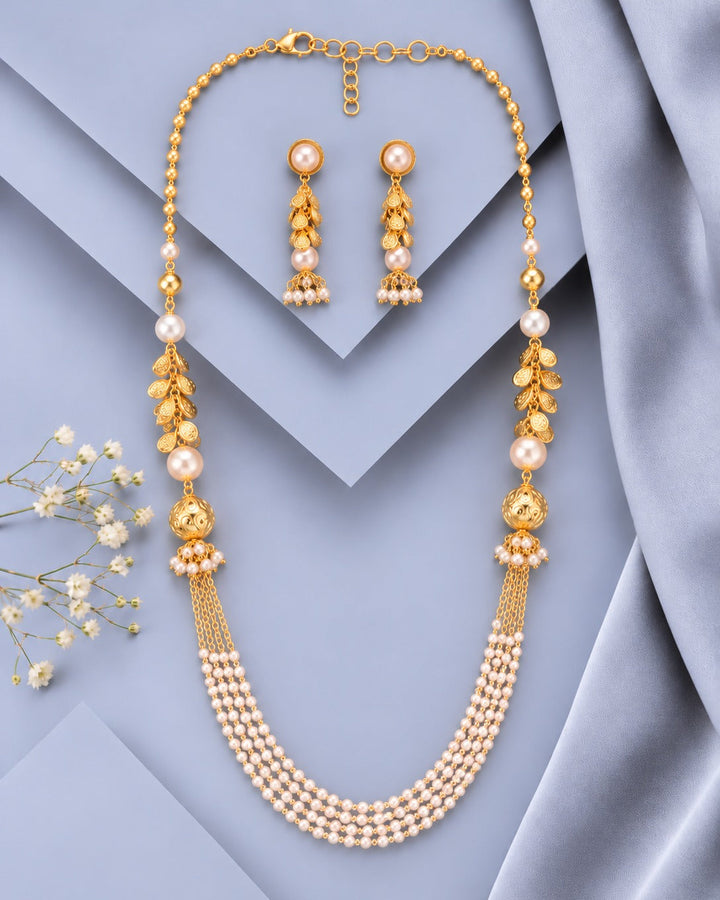 Pearl Layered Designer Mala Necklace Set with Earrings