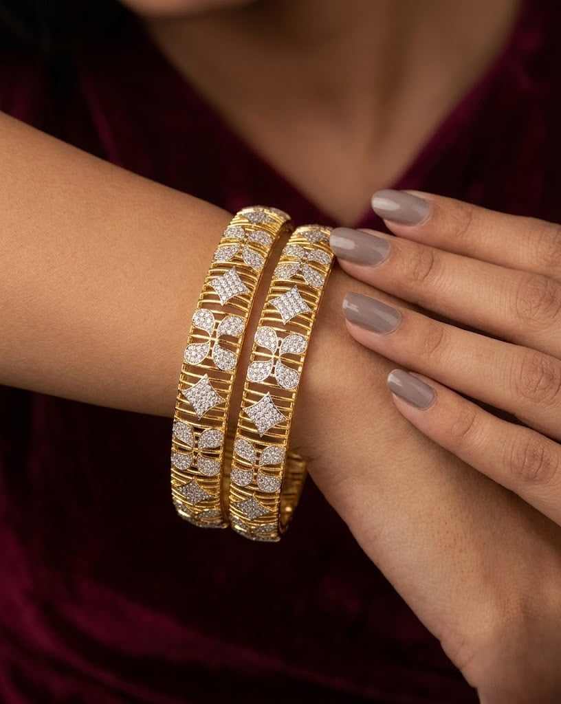 Floral Diamond Gold-Finish Bangles for Women (Pair)