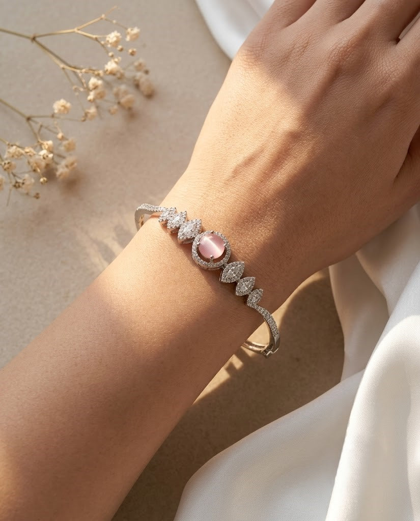 Blush Pink Stone Openable AD Bracelet in Silver Polish | Elegant Designer Kada for Women