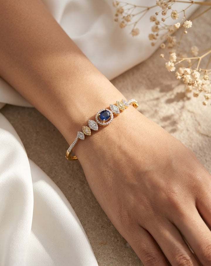 Luxury Blue Stone Openable Diamond Bracelet for Women | Gold Polish American Diamond Kada | Size 2.4 & 2.6