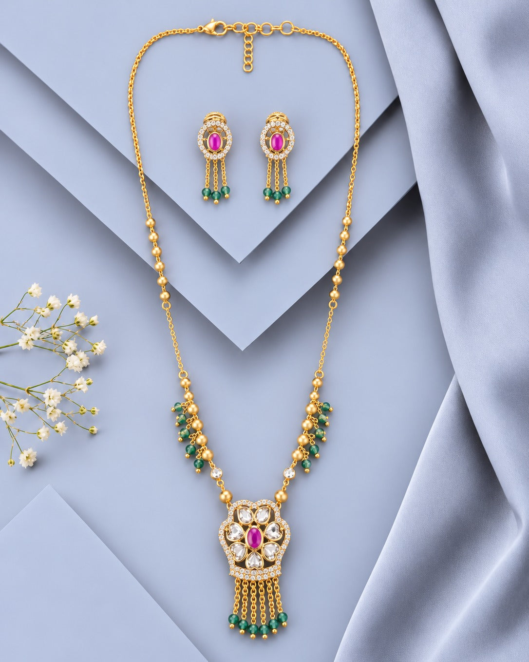 Traditional Designer Long Mala Necklace Set with Earrings