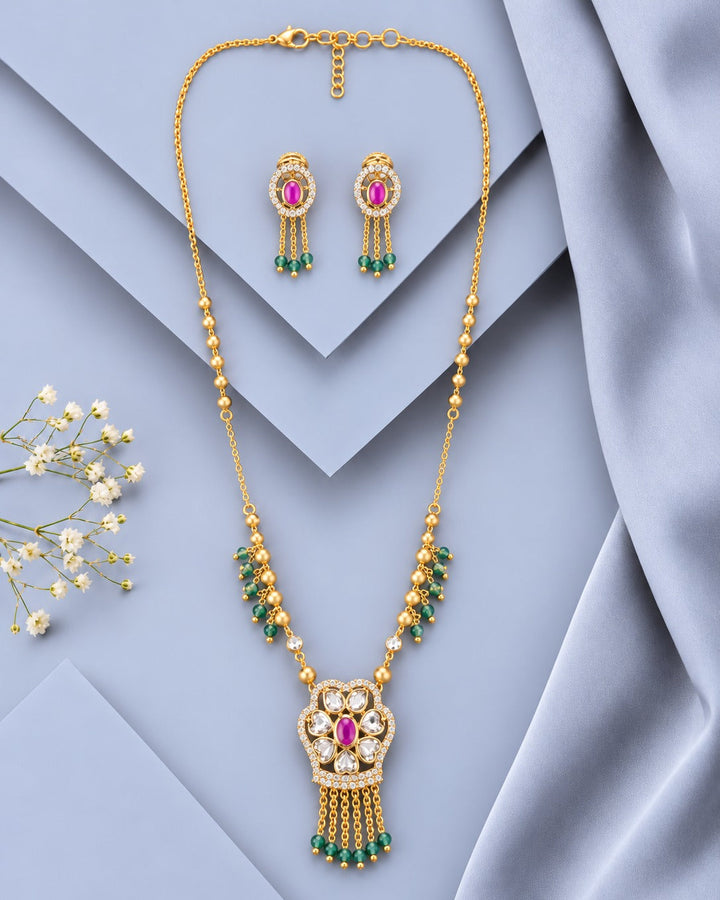 Traditional Designer Long Mala Necklace Set with Earrings