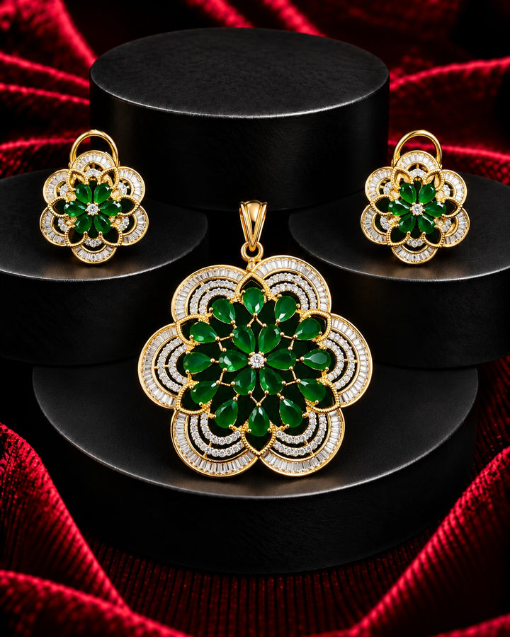 Premium Emerald Green Floral Pendant Set in Gold Tone
