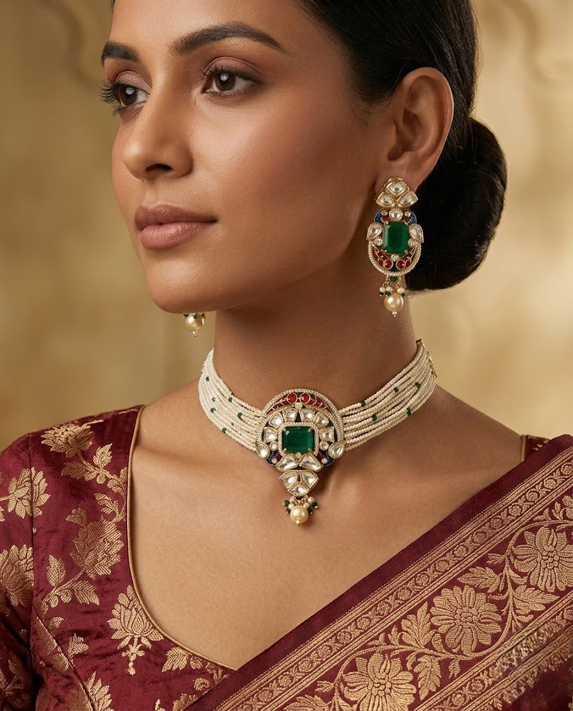 Kundan Pearl Choker Necklace Set Real Gold Tone with Ruby Red and Green Stone Detailing with Earrings