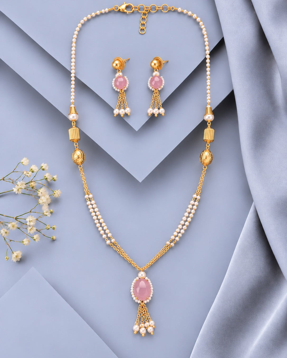 Elegant Pink Pearl Designer Mala Necklace Set with Matching Earrings