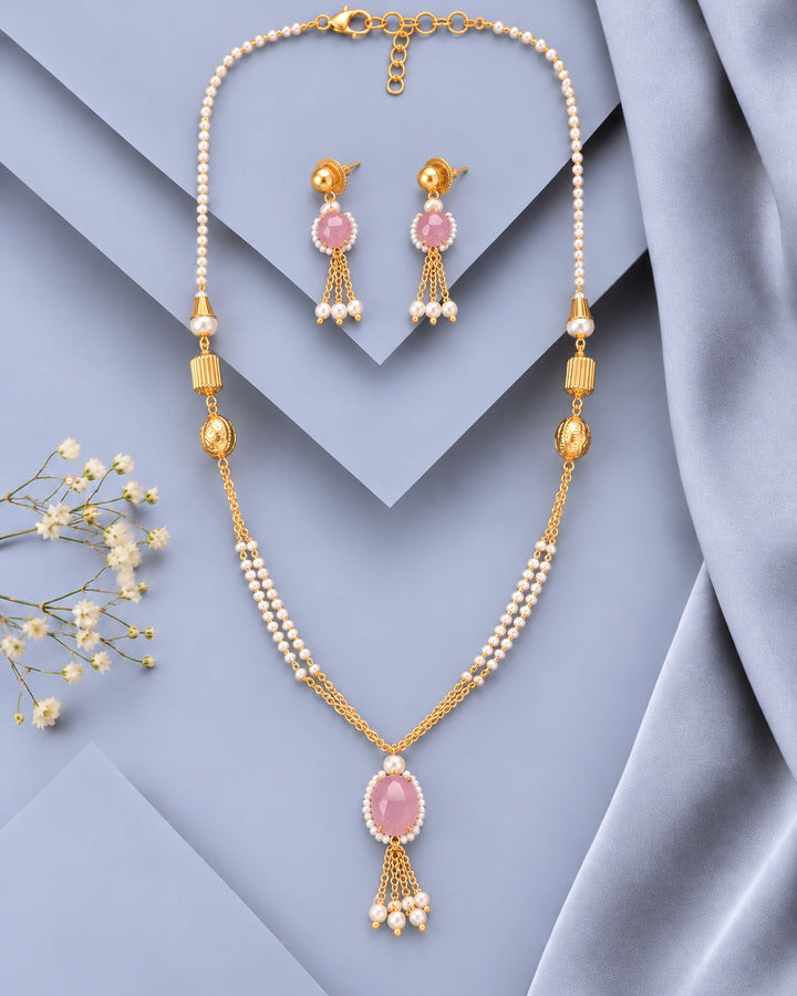 Elegant Pink Pearl Designer Mala Necklace Set with Matching Earrings