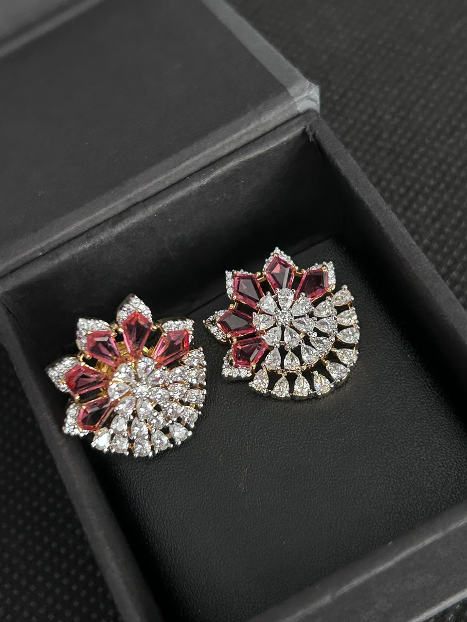 Zarelle Fan Bloom Diamond-Look Stud Earrings – Ruby, Green & Blue