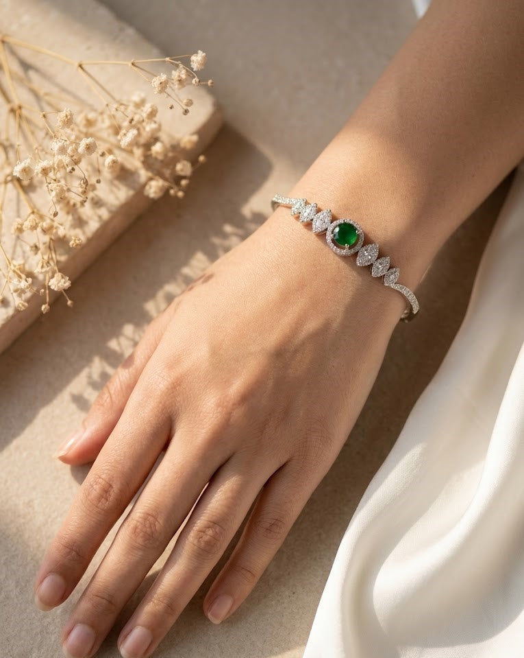 Luxury Diamond Bracelet with Green Stone | Openable Silver Finish Bracelet for Women