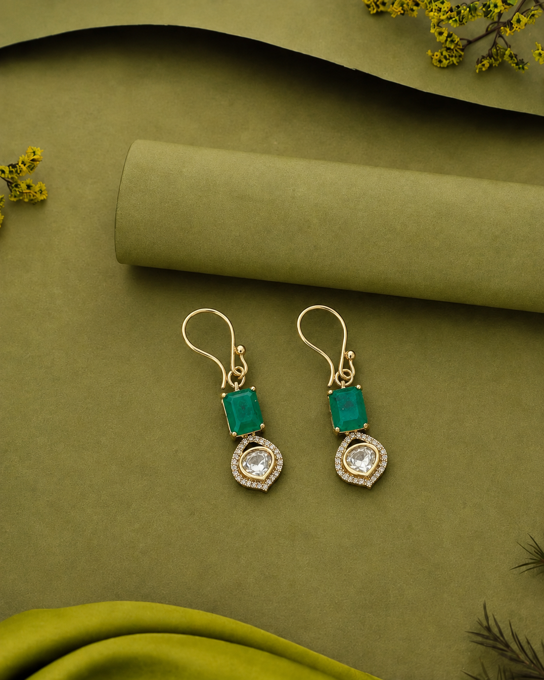 Premium Kundan Drop Earrings Green Red Gold Finish
