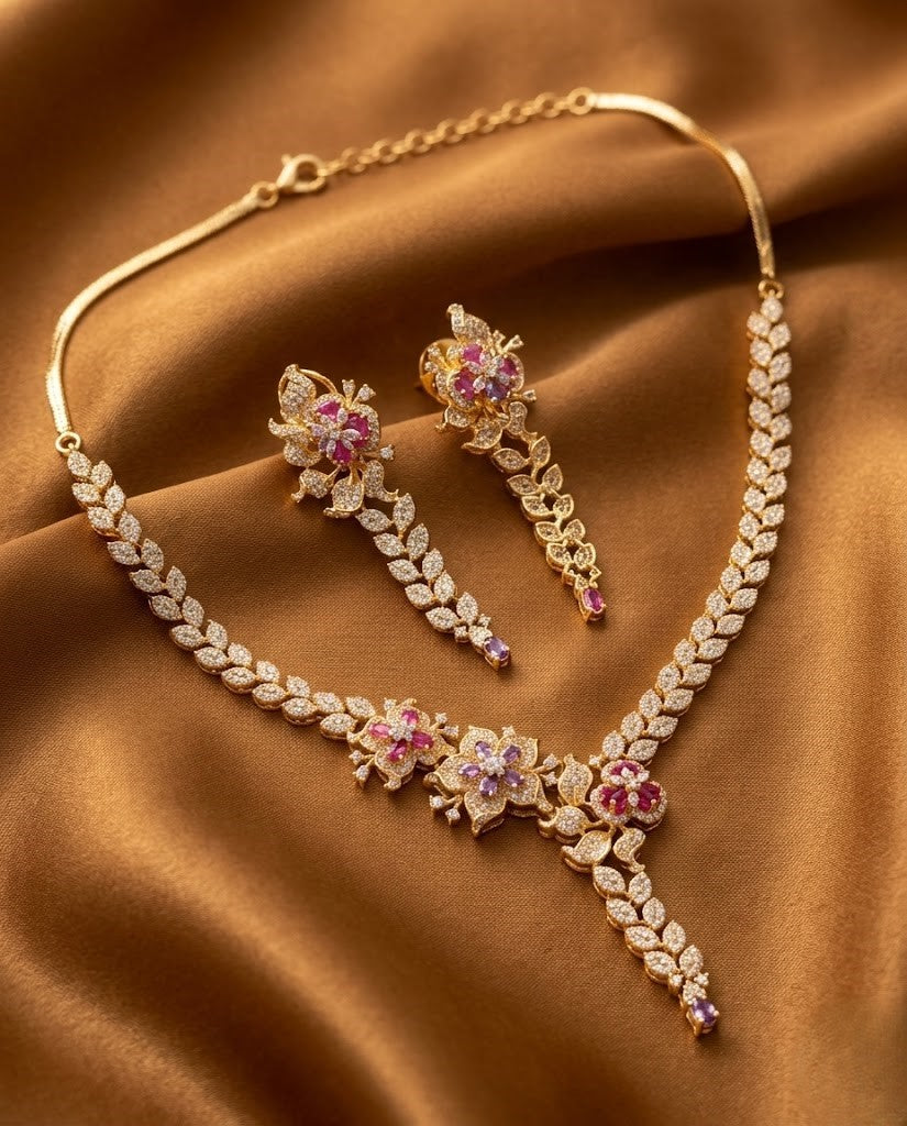 Gulnaaz Pushp Pink Floral Diamond Look Necklace Set with Earrings | Gold Tone Party Jewellery