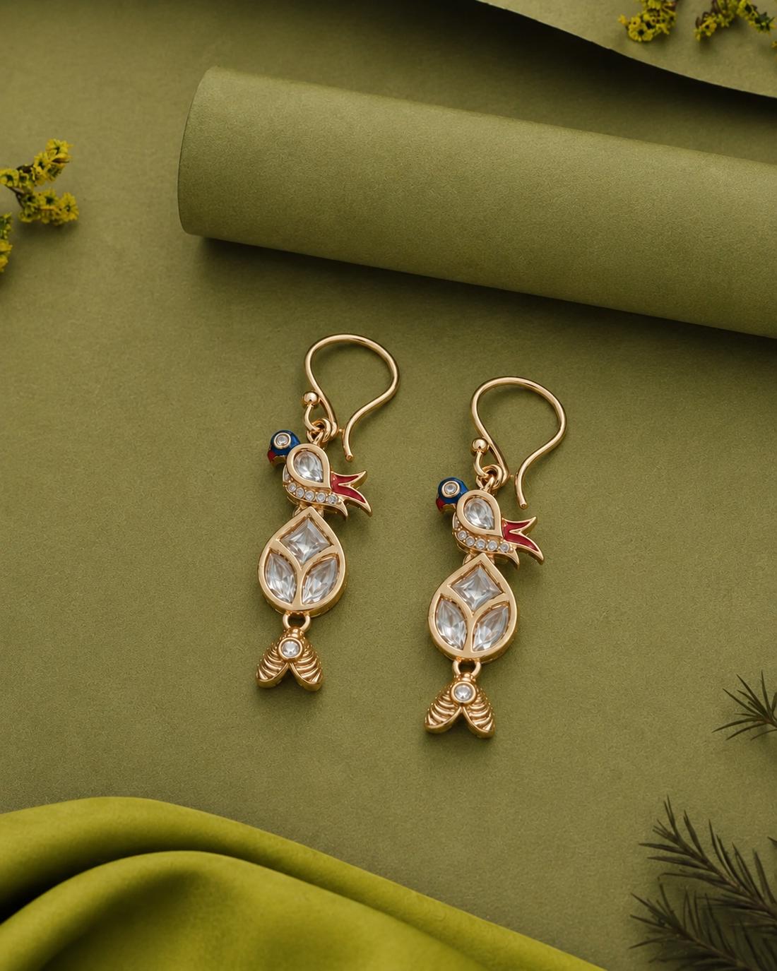 Mayurika Drop Crystal Bird Earrings