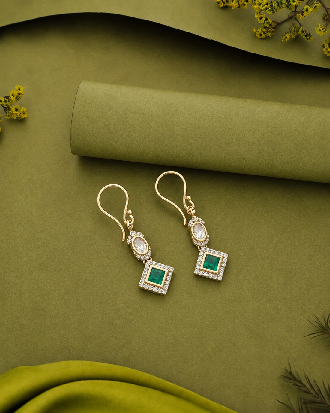 Premium Kundan Square Drop Earrings White Ruby Green