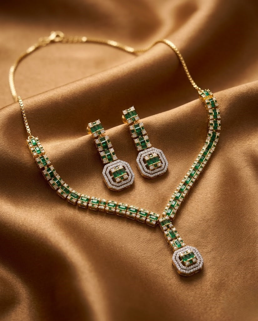 Panna Viraasat Green Stone Diamond Look Necklace Set with Earrings | Gold Tone Party Jewellery