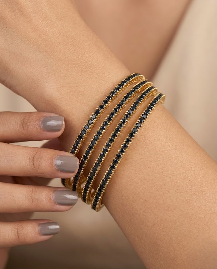 Sapphire Blue Stone Bangles Set of 4 , Gold Tone Stack Design