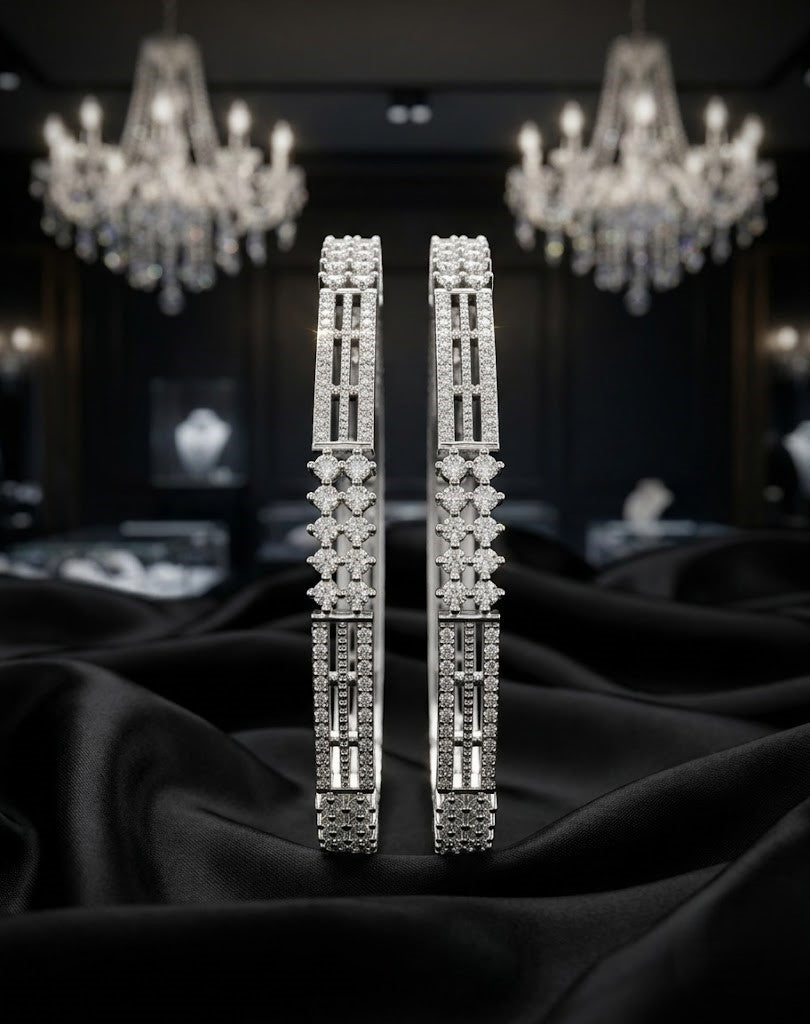 Silver Tone Diamond Look Fixed Bangle Pair for Women