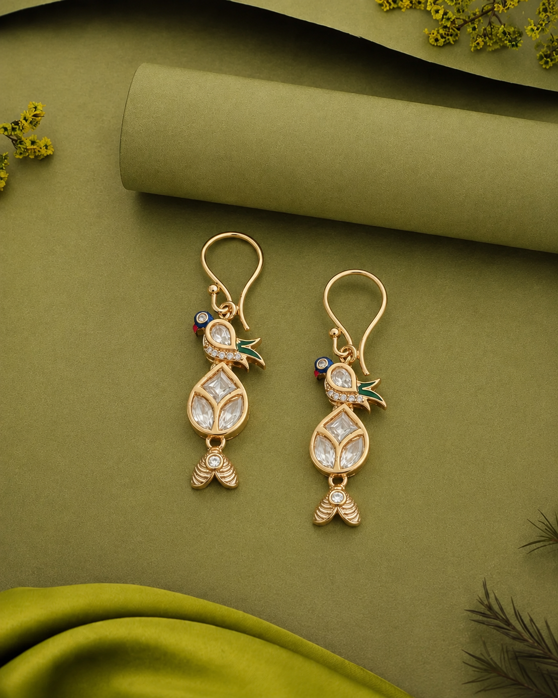 Mayurika Drop Crystal Bird Earrings