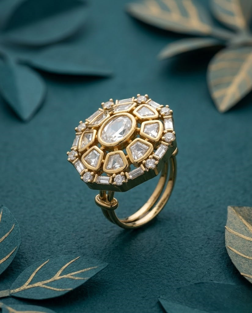 Meherza Kundan Ring for Women Gold Tone Adjustable Floral Statement Ring