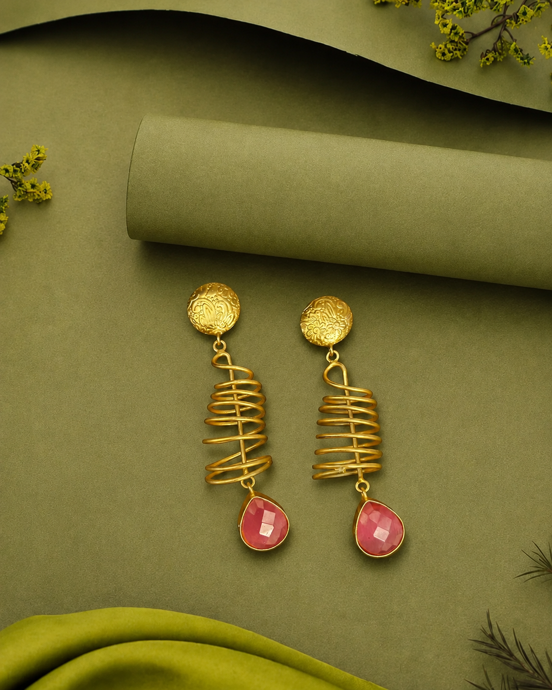 Spiral Coil Drop Earrings with Teardrop Stone (Mint Green & Coral Pink Variants) – Textured Stud Gold Finish