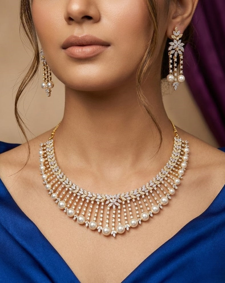 Pearl Vanyaa Real Look Diamond Pearl Necklace Set with Earrings