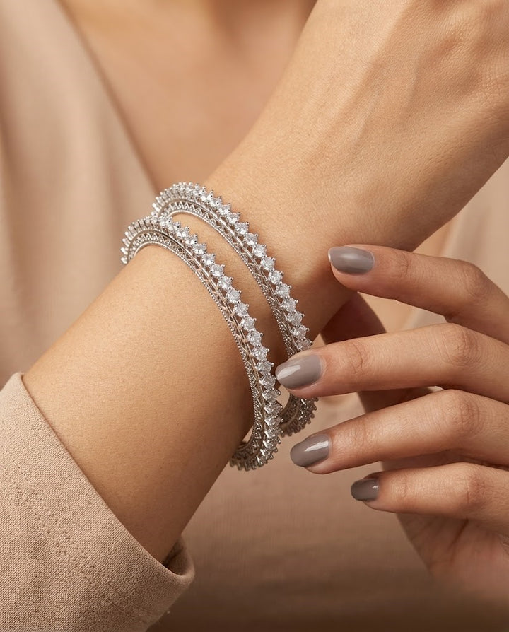 Premium Sparkle Design Diamond Bangles Pair Silver Tone