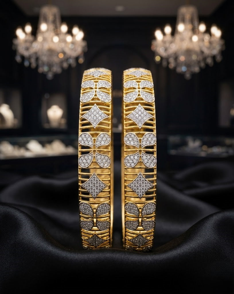 Floral Diamond Gold-Finish Bangles for Women (Pair)