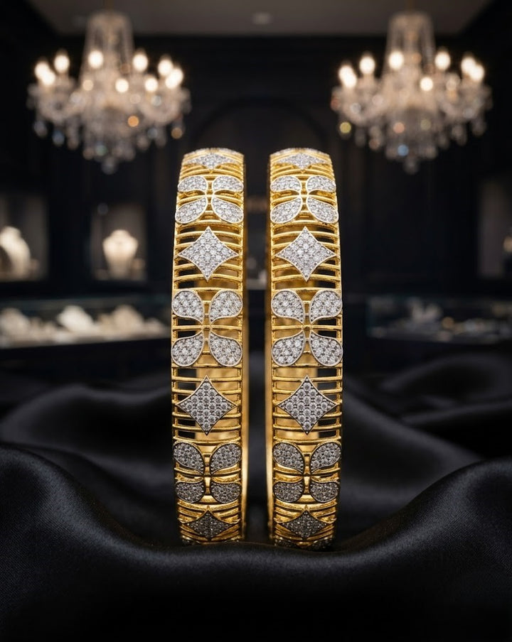 Floral Diamond Gold-Finish Bangles for Women (Pair)