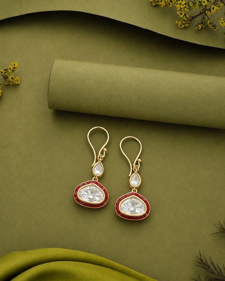 Minimal Kundan Teardrop Earrings with Meenakari Border (Green, Blue, Red)