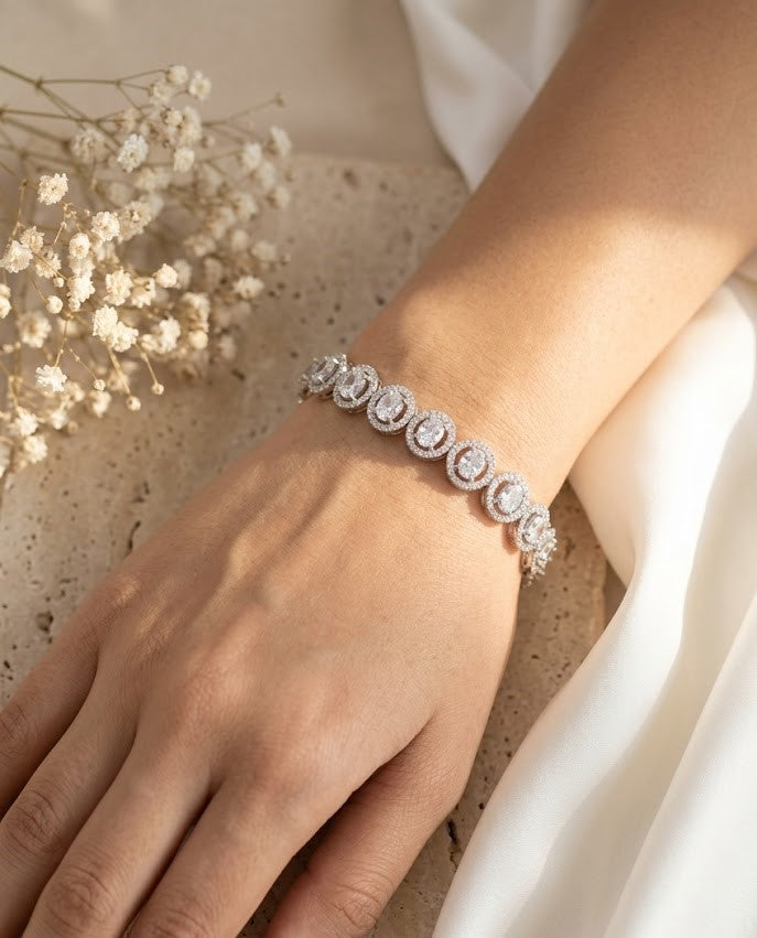 Silver-Tone Round Halo Crystal Bracelet for Women