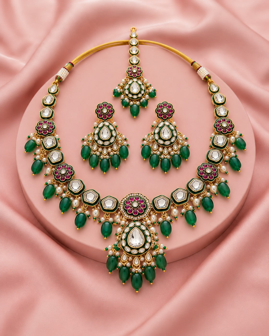 Rajvi Heritage Kundan Green Bead Necklace Set