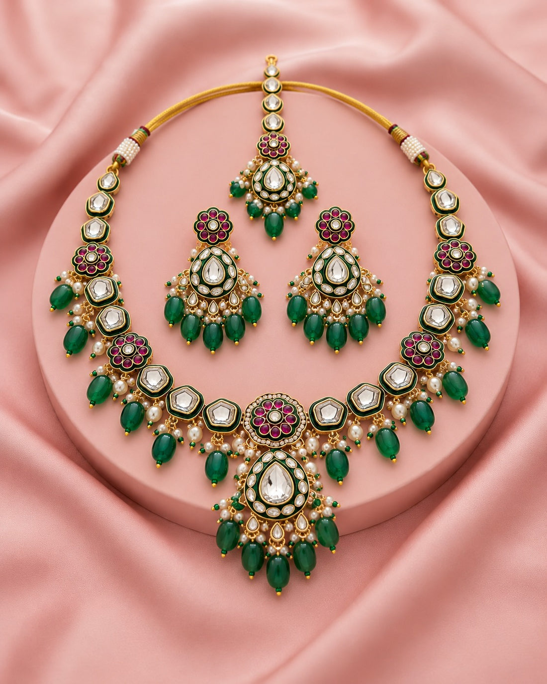 Rajvi Heritage Kundan Green Bead Necklace Set