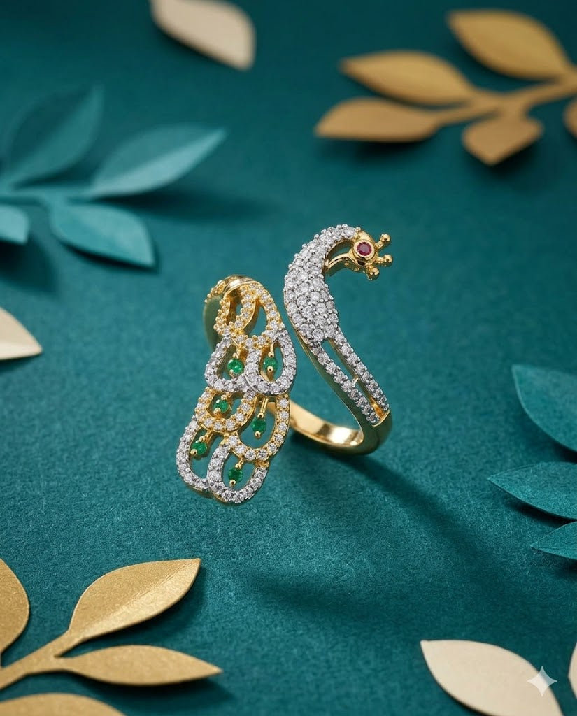 Mayurika Peacock AD Ring for Women Gold Tone Adjustable Designer Ring