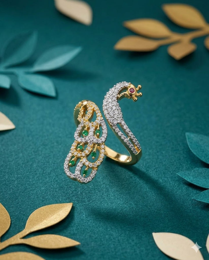 Mayurika Peacock AD Ring for Women Gold Tone Adjustable Designer Ring