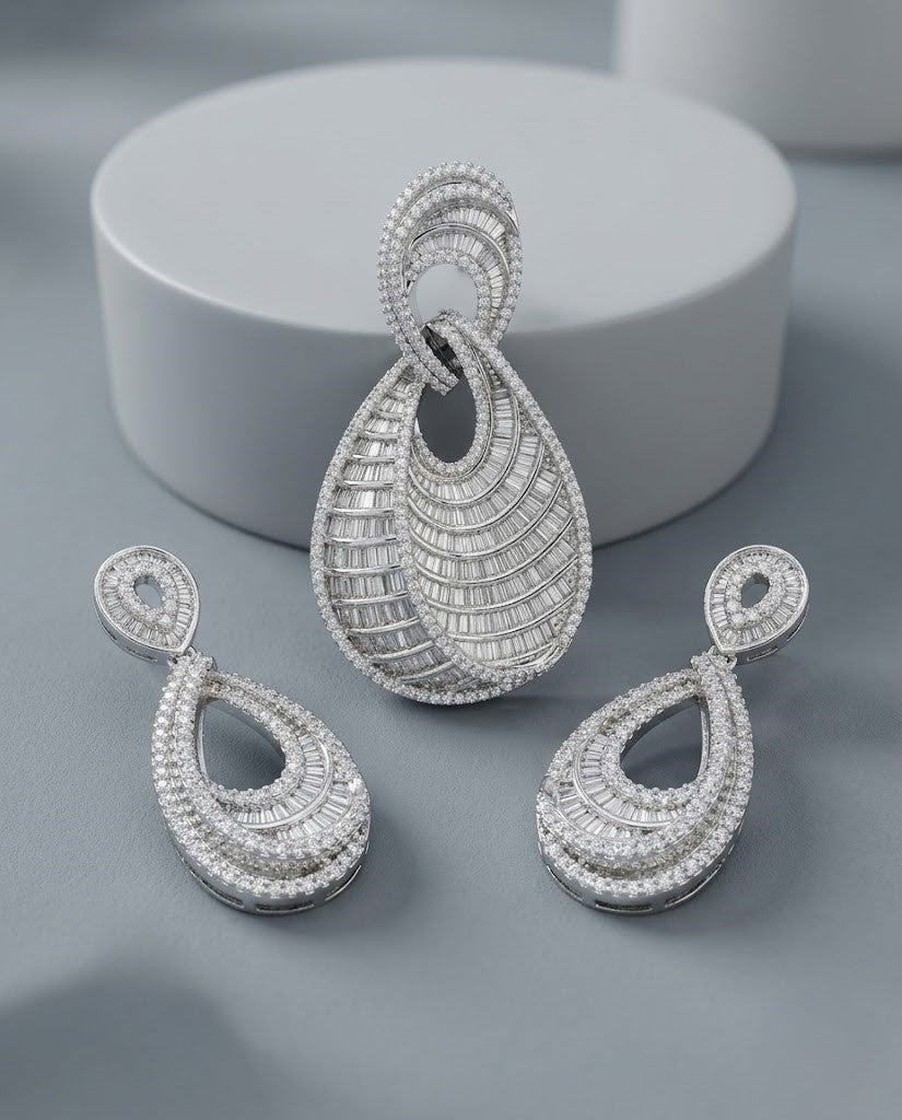 Ruhani Veena Silver Tone Diamond Look Pendant Set