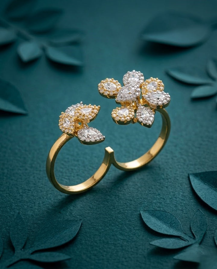 Pushpika Bloom AD Ring for Women Gold Tone Floral Adjustable Ring