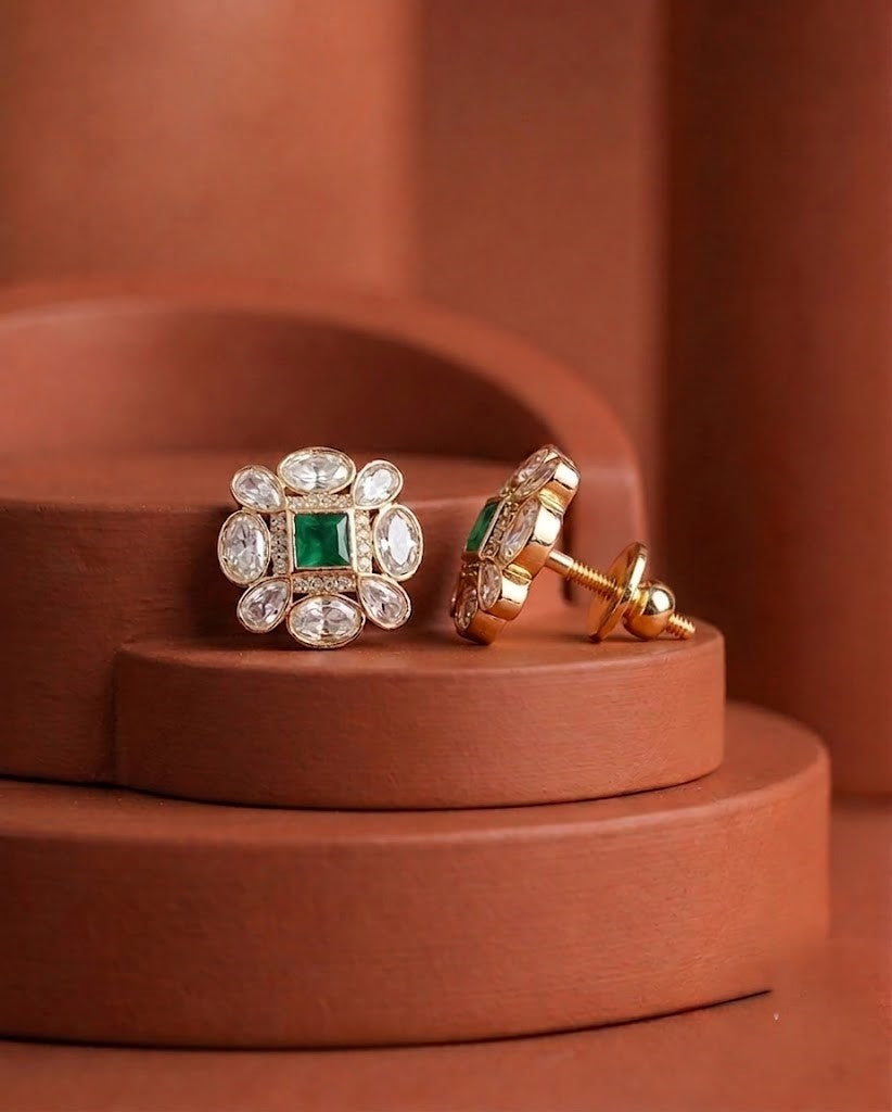 Aarvika Floral Kundan Mossaonite Stud Earrings