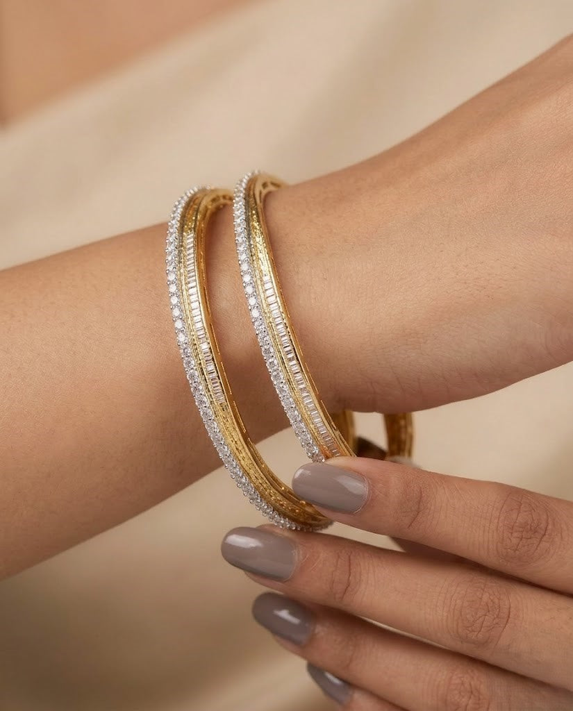 Dual Tone Diamond Finish Bangle Set for Women – Gold Polish with Baguette Detailing