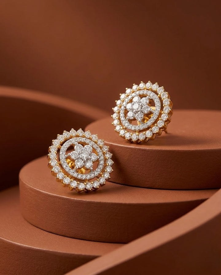 Premium Floral Halo Studs – Gold Polish Diamond Circle Earrings