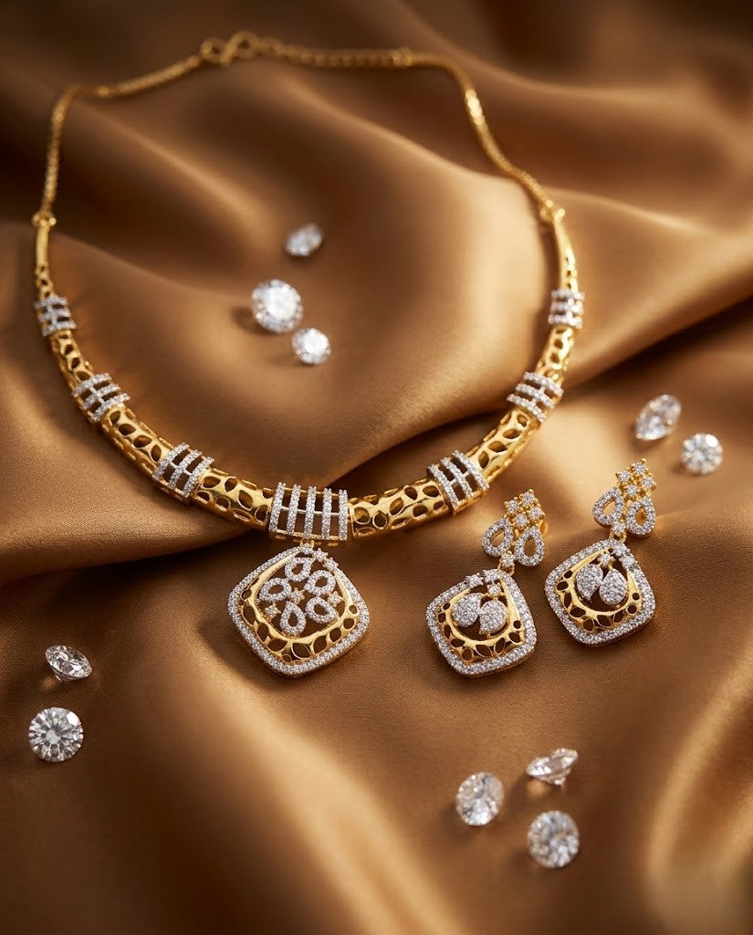 Svarnika Noor Gold Tone Diamond Pendant Necklace Set with Earrings