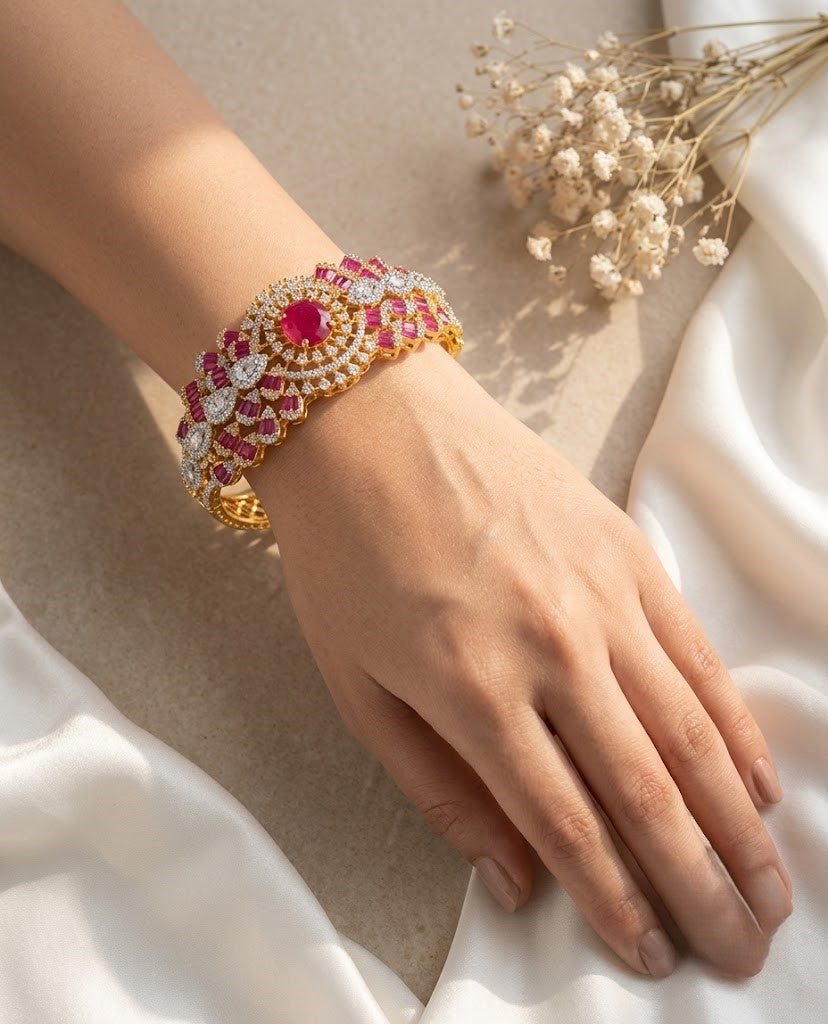 Ruby Pink Stone Openable AD Bracelet in Gold Polish | Designer Bridal & Party Wear Kada