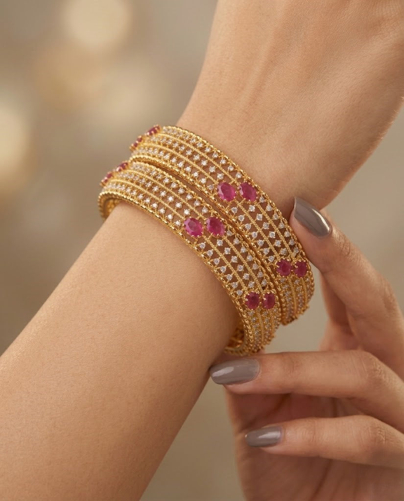 Gold AD Stone Bangles Set with Red & Green Variants | 2.4, 2.6, 2.8 Sizes