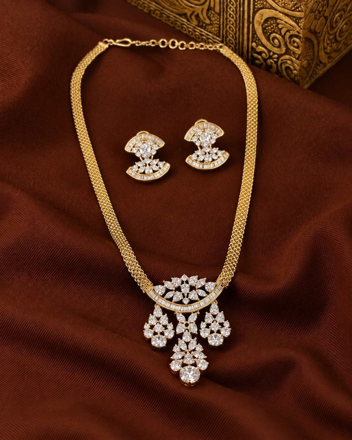 Aarvika Floral Drop Diamond-Look Pendant Set